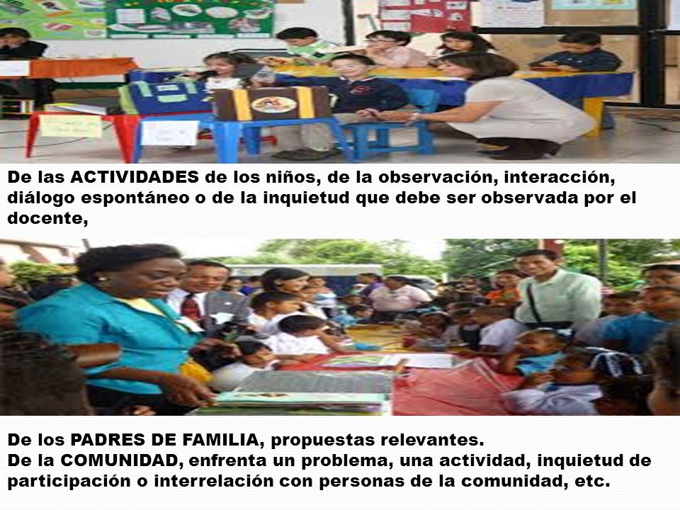 De las ACTIVIDADES de los niños, de la observación, interacción, diálogo espontáneo o de la inquietud que debe ser observada por el docente,