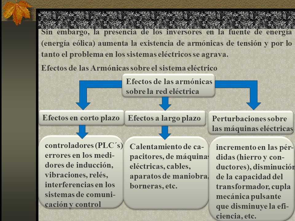 Sin embargo, la presencia de los inversores en la fuente de energía (energía eólica) aumenta la existencia de armónicas de tensión y por lo tanto el problema en los sistemas eléctricos se agrava.