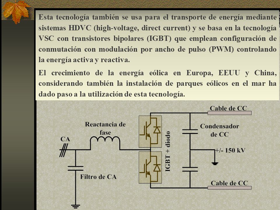 Esta tecnología también se usa para el transporte de energía mediante sistemas HDVC (high-voltage, direct current) y se basa en la tecnología VSC con transistores bipolares (IGBT) que emplean configuración de conmutación con modulación por ancho de pulso (PWM) controlando la energía activa y reactiva.