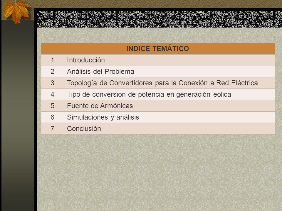 INDICE TEMÁTICO 1. Introducción. 2. Análisis del Problema. 3. Topología de Convertidores para la Conexión a Red Eléctrica.