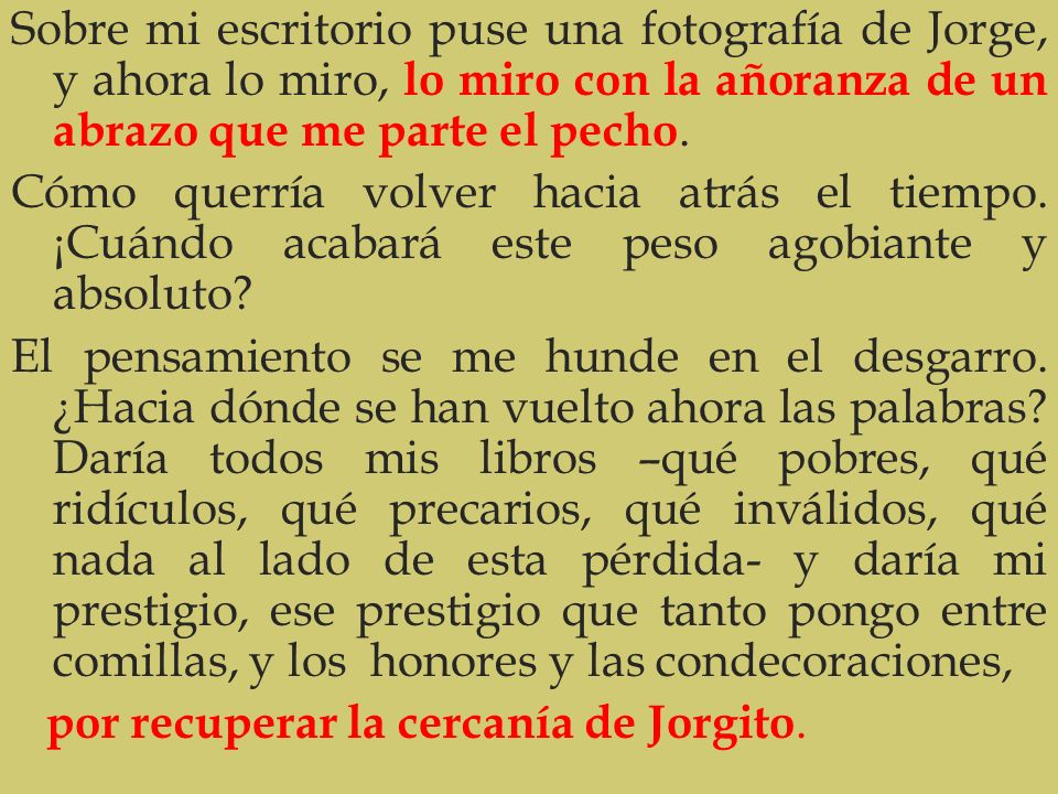 Sobre mi escritorio puse una fotografía de Jorge, y ahora lo miro, lo miro con la añoranza de un abrazo que me parte el pecho.