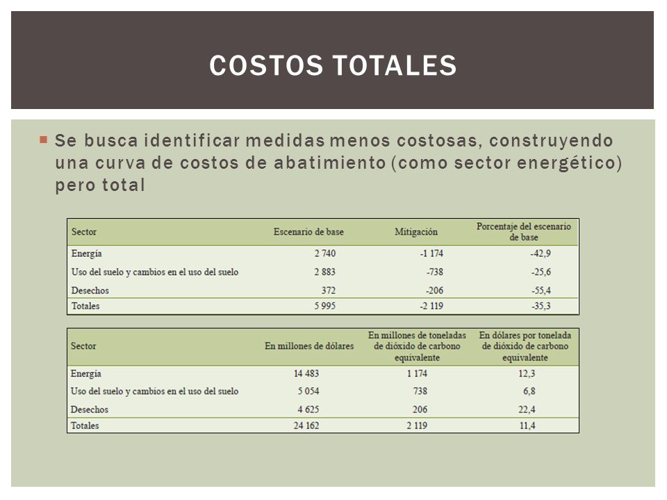 Costos totales Se busca identificar medidas menos costosas, construyendo una curva de costos de abatimiento (como sector energético) pero total.