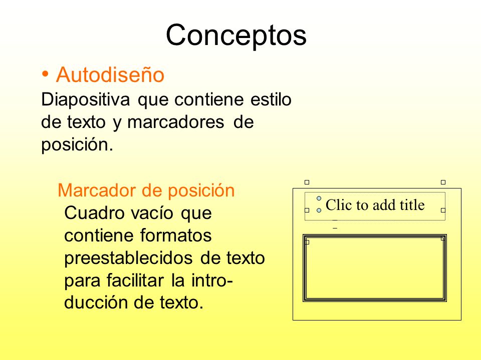 Conceptos Autodiseño. Diapositiva que contiene estilo de texto y marcadores de posición.