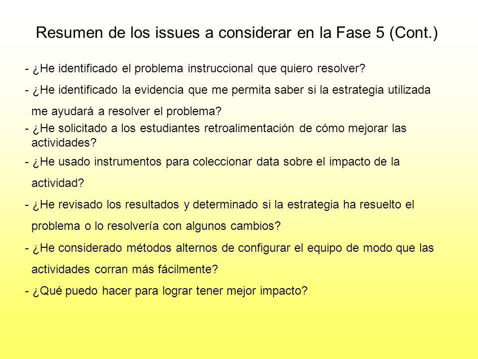 Resumen de los issues a considerar en la Fase 5 (Cont.)