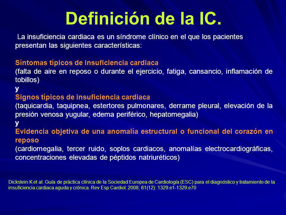 Definición de la IC. La insuficiencia cardiaca es un síndrome clínico en el que los pacientes presentan las siguientes características: