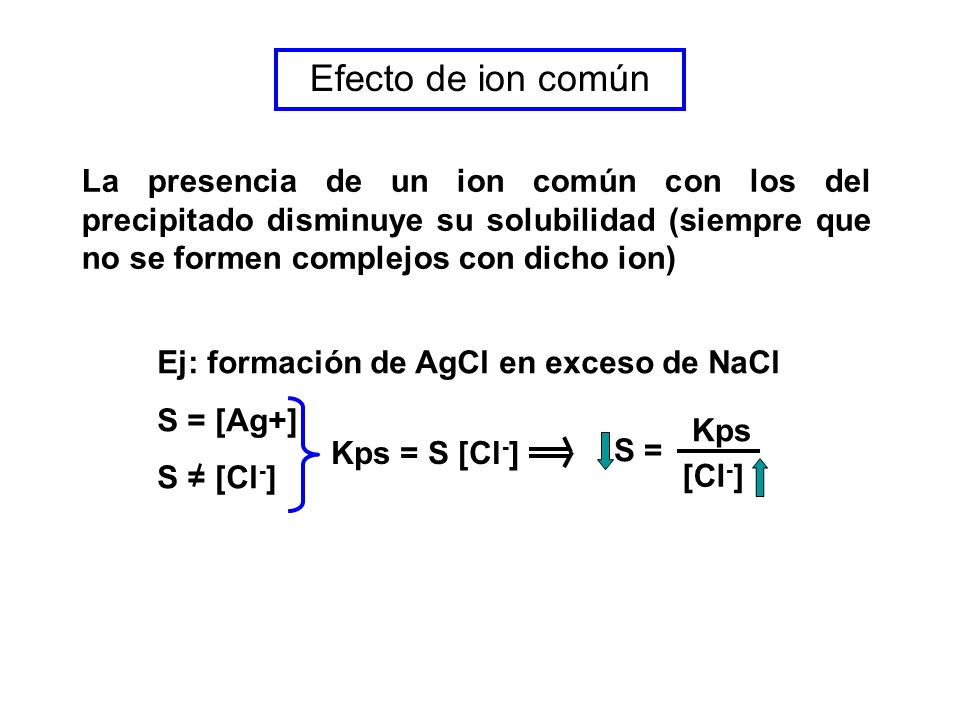 Efecto de ion común La presencia de un ion común con los del precipitado disminuye su solubilidad (siempre que no se formen complejos con dicho ion)