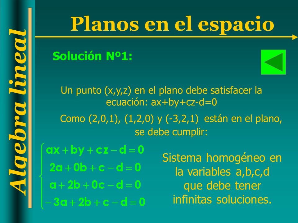 Solución Nº1: Un punto (x,y,z) en el plano debe satisfacer la ecuación: ax+by+cz-d=0.