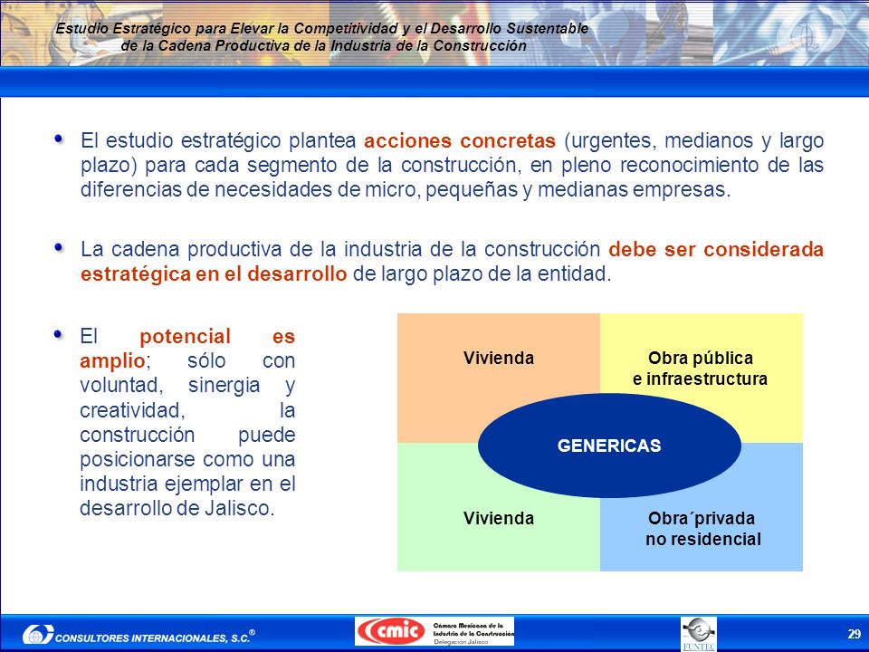 El estudio estratégico plantea acciones concretas (urgentes, medianos y largo plazo) para cada segmento de la construcción, en pleno reconocimiento de las diferencias de necesidades de micro, pequeñas y medianas empresas.