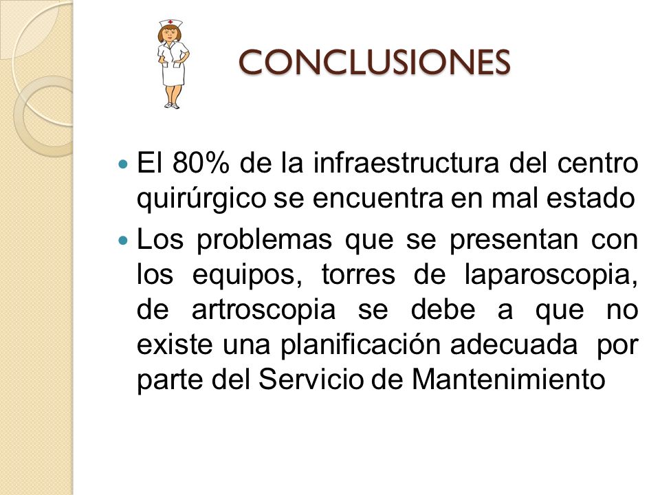 CONCLUSIONES El 80% de la infraestructura del centro quirúrgico se encuentra en mal estado.