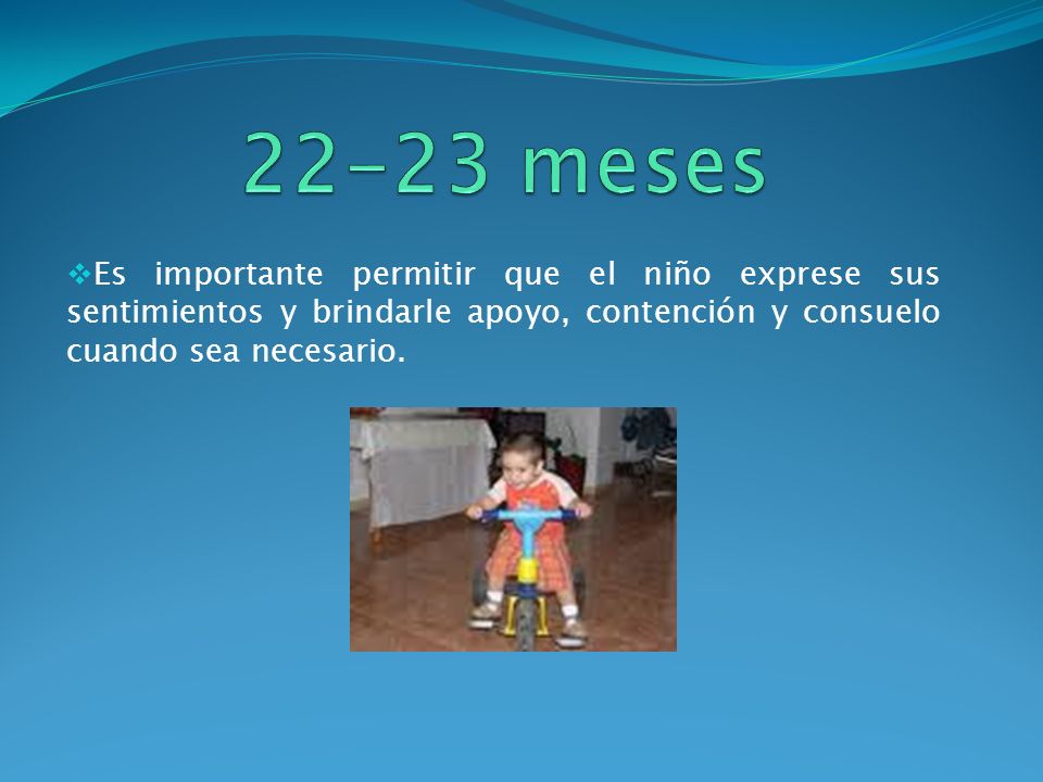 22-23 meses Es importante permitir que el niño exprese sus sentimientos y brindarle apoyo, contención y consuelo cuando sea necesario.