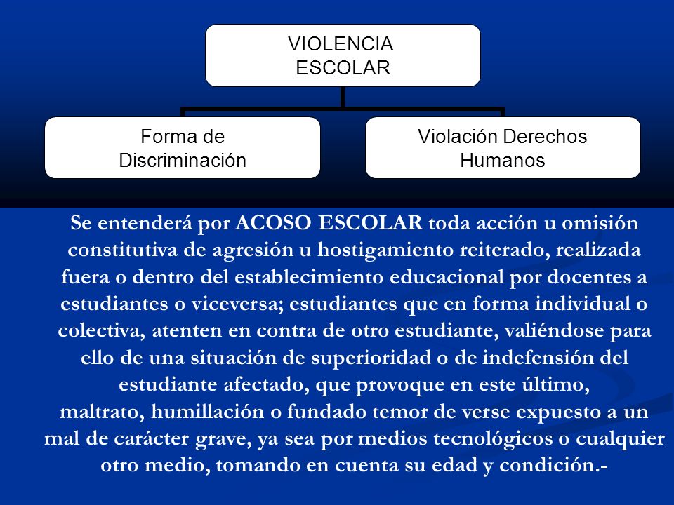 Se entenderá por ACOSO ESCOLAR toda acción u omisión constitutiva de agresión u hostigamiento reiterado, realizada fuera o dentro del establecimiento educacional por docentes a estudiantes o viceversa; estudiantes que en forma individual o colectiva, atenten en contra de otro estudiante, valiéndose para ello de una situación de superioridad o de indefensión del estudiante afectado, que provoque en este último, maltrato, humillación o fundado temor de verse expuesto a un mal de carácter grave, ya sea por medios tecnológicos o cualquier otro medio, tomando en cuenta su edad y condición.-