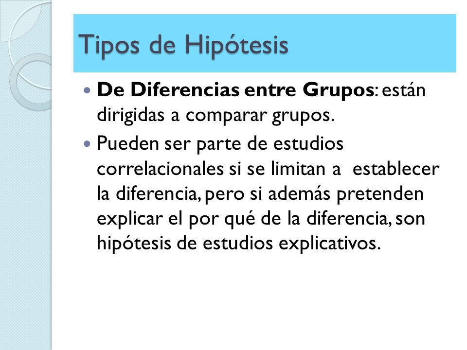 Tipos de Hipótesis De Diferencias entre Grupos: están dirigidas a comparar grupos.