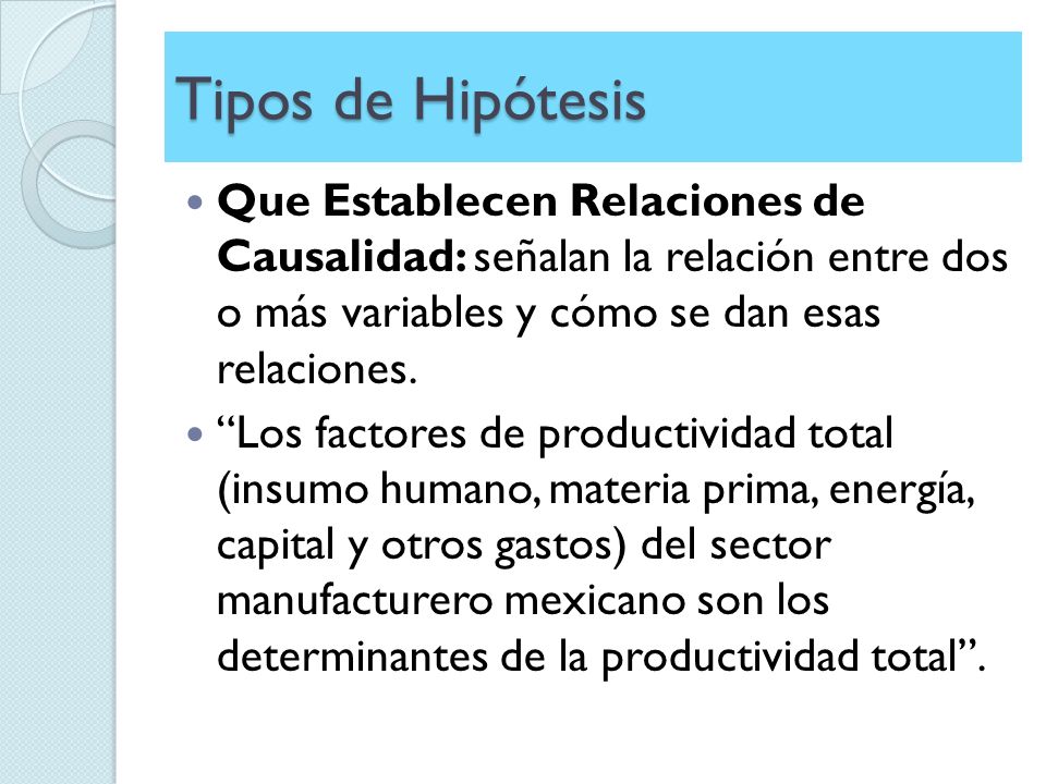 Tipos de Hipótesis Que Establecen Relaciones de Causalidad: señalan la relación entre dos o más variables y cómo se dan esas relaciones.