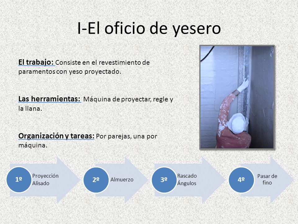 I-El oficio de yesero El trabajo: Consiste en el revestimiento de paramentos con yeso proyectado.