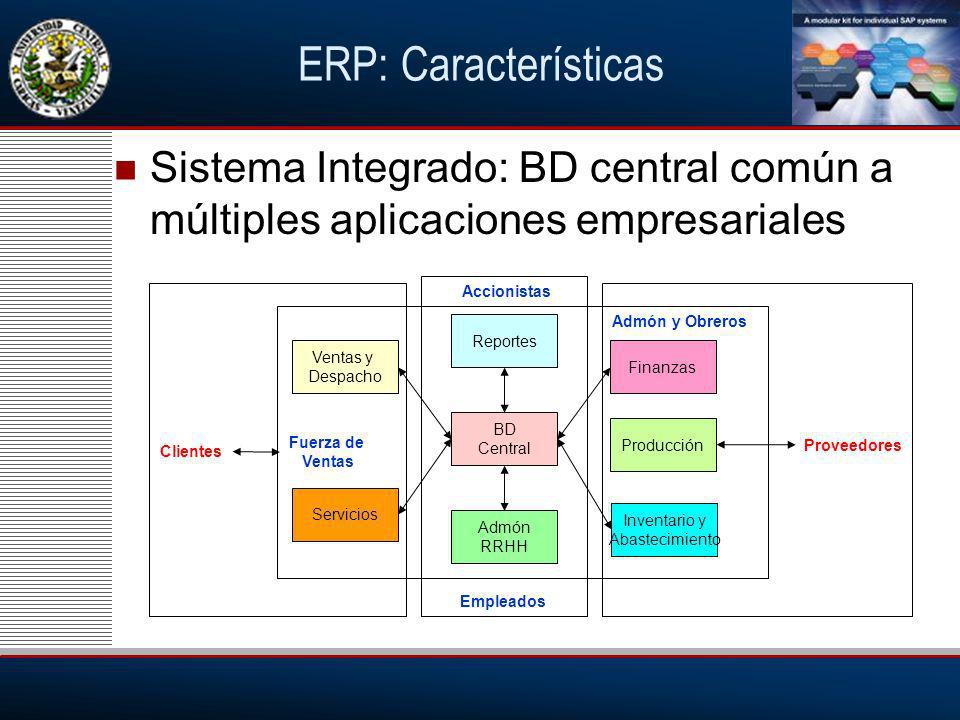 ERP: Características Sistema Integrado: BD central común a múltiples aplicaciones empresariales. Accionistas.