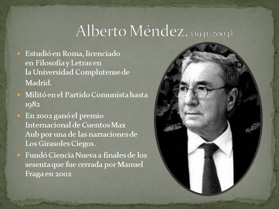 Alberto Méndez. ( ) Estudió en Roma, licenciado en Filosofía y Letras en la Universidad Complutense de Madrid.