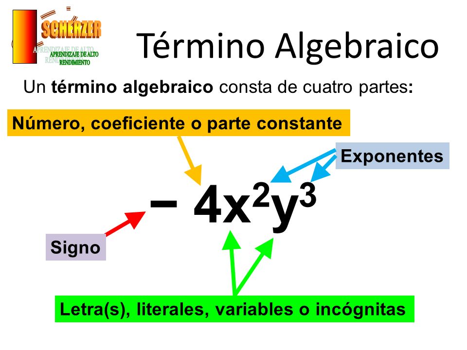 − 4x2y3 Término Algebraico SCHERZER APRENDIZAJE DE ALTO RENDIMIENTO