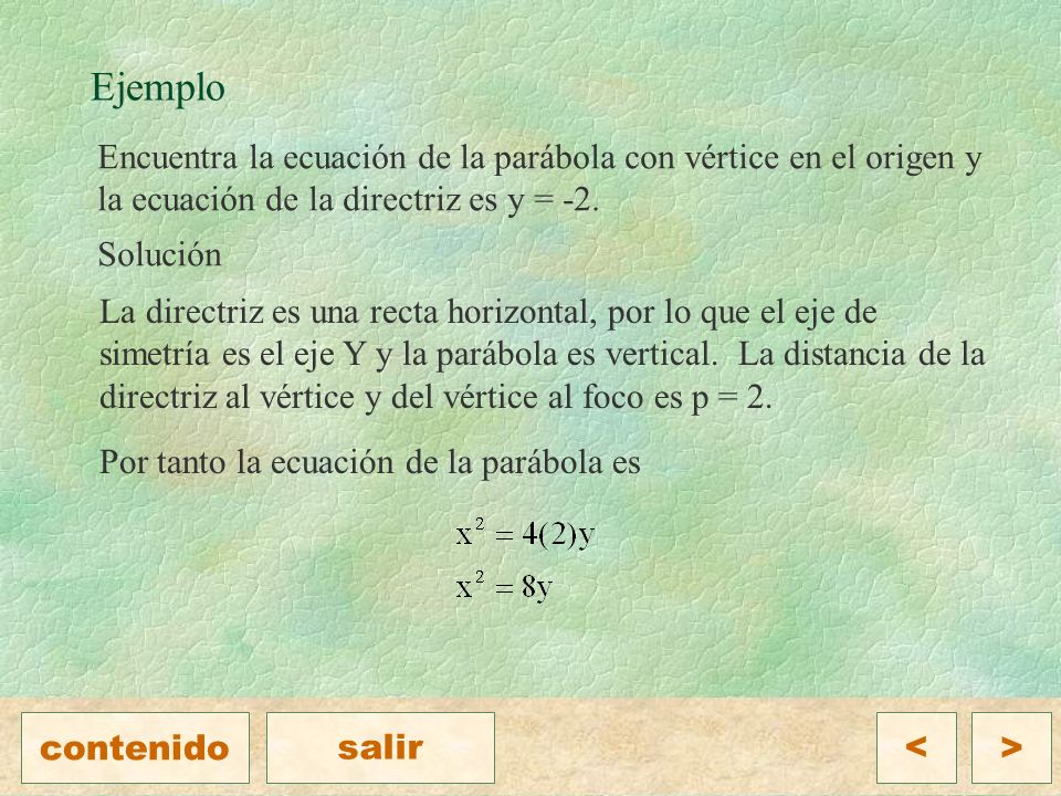 Ejemplo Encuentra la ecuación de la parábola con vértice en el origen y la ecuación de la directriz es y = -2.
