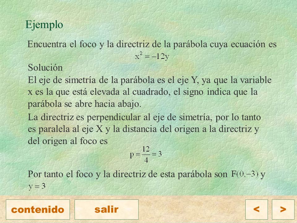 Ejemplo Encuentra el foco y la directriz de la parábola cuya ecuación es. Solución.