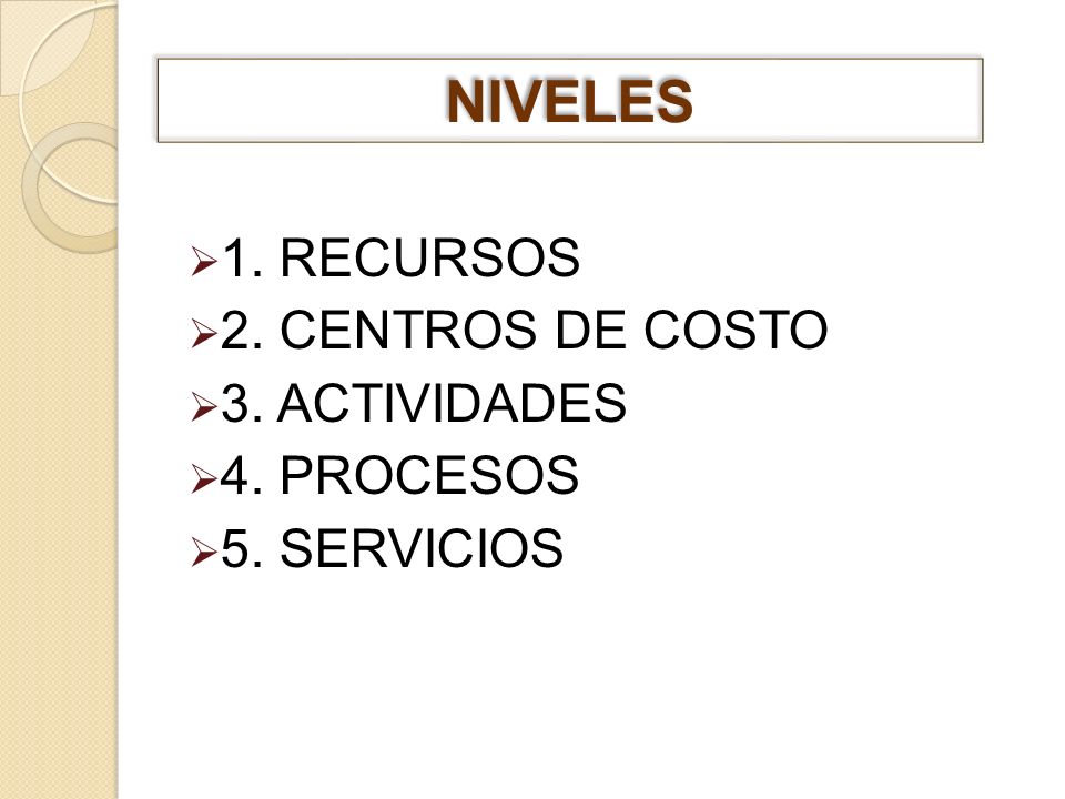 NIVELES 1. RECURSOS 2. CENTROS DE COSTO 3. ACTIVIDADES 4. PROCESOS