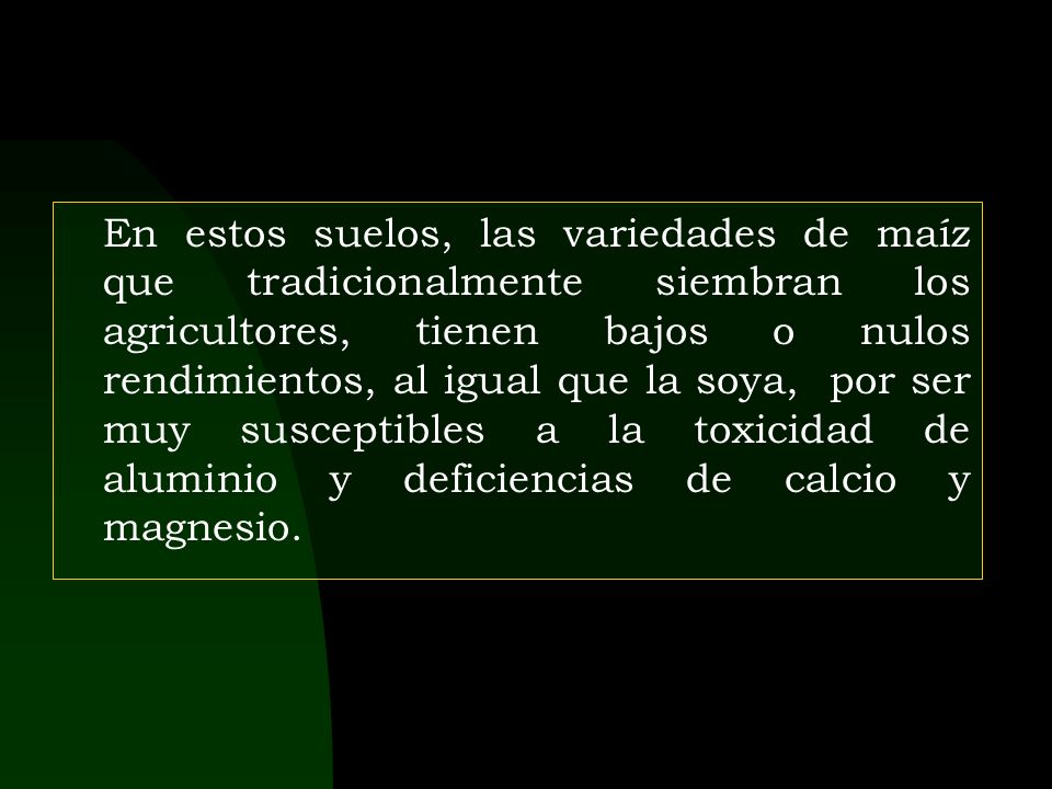 En estos suelos, las variedades de maíz que tradicionalmente siembran los agricultores, tienen bajos o nulos rendimientos, al igual que la soya, por ser muy susceptibles a la toxicidad de aluminio y deficiencias de calcio y magnesio.
