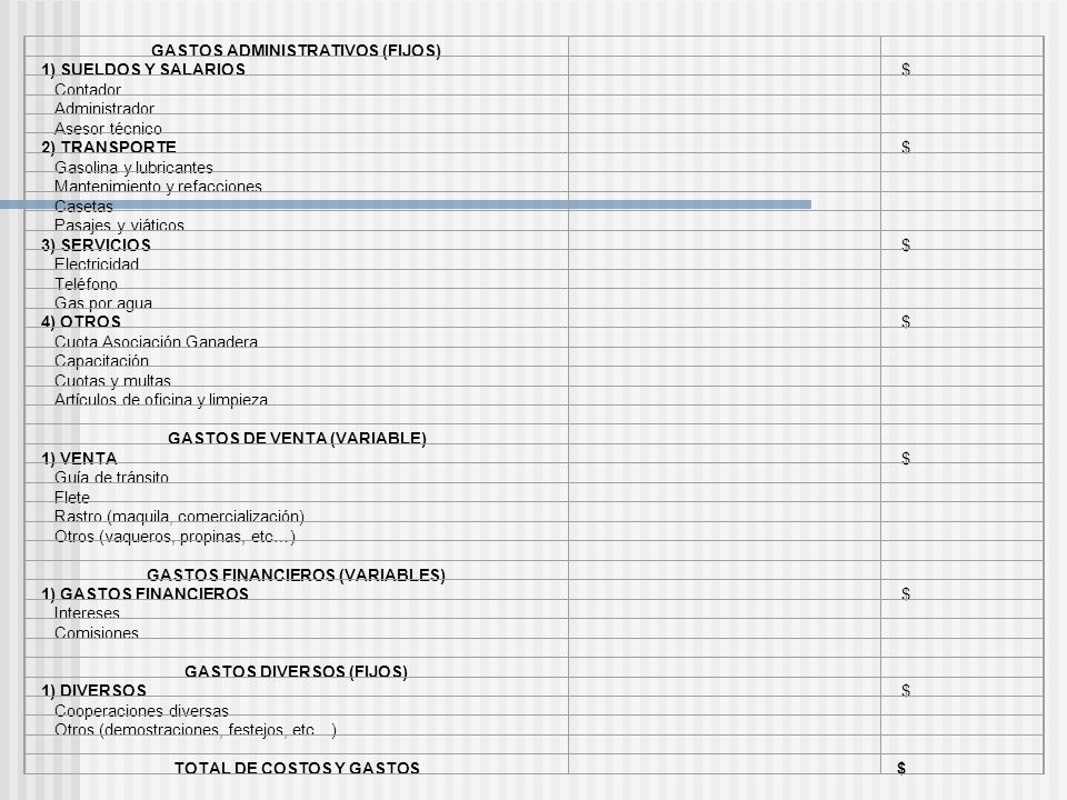 GASTOS ADMINISTRATIVOS (FIJOS) 1) SUELDOS Y SALARIOS $ Contador