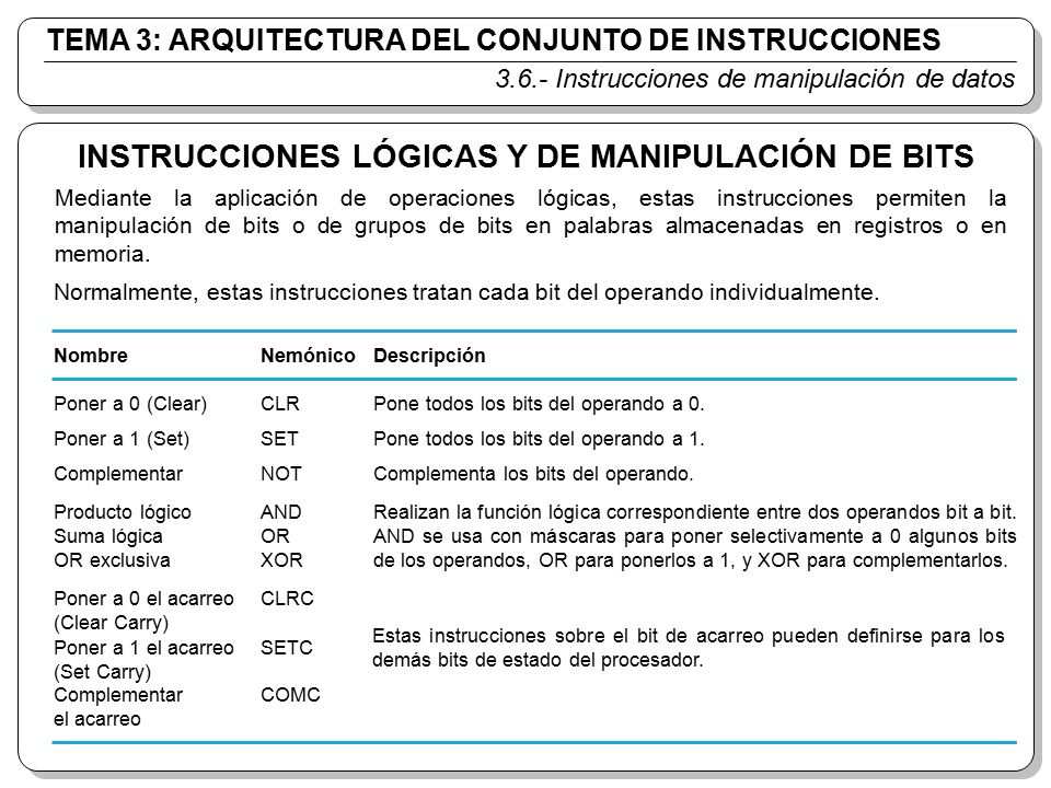 INSTRUCCIONES LÓGICAS Y DE MANIPULACIÓN DE BITS