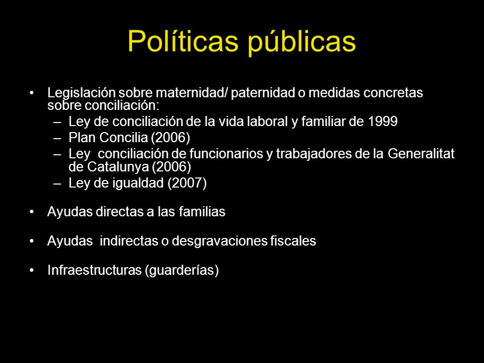 Políticas públicas Legislación sobre maternidad/ paternidad o medidas concretas sobre conciliación: