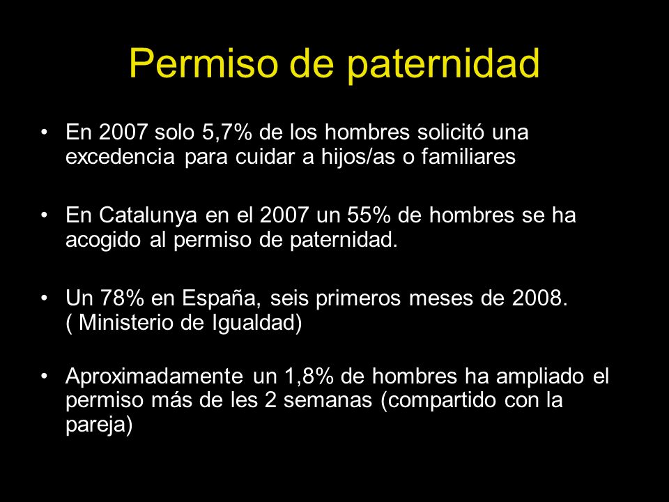 Permiso de paternidad En 2007 solo 5,7% de los hombres solicitó una excedencia para cuidar a hijos/as o familiares.