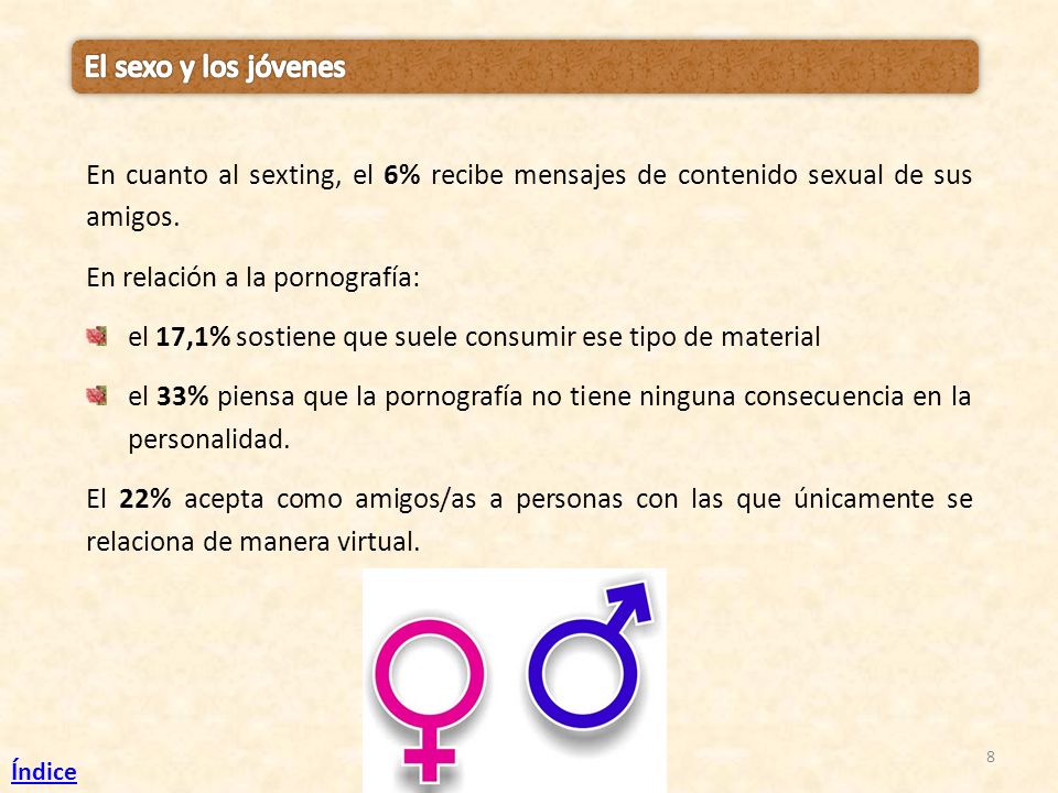 El sexo y los jóvenes En cuanto al sexting, el 6% recibe mensajes de contenido sexual de sus amigos.