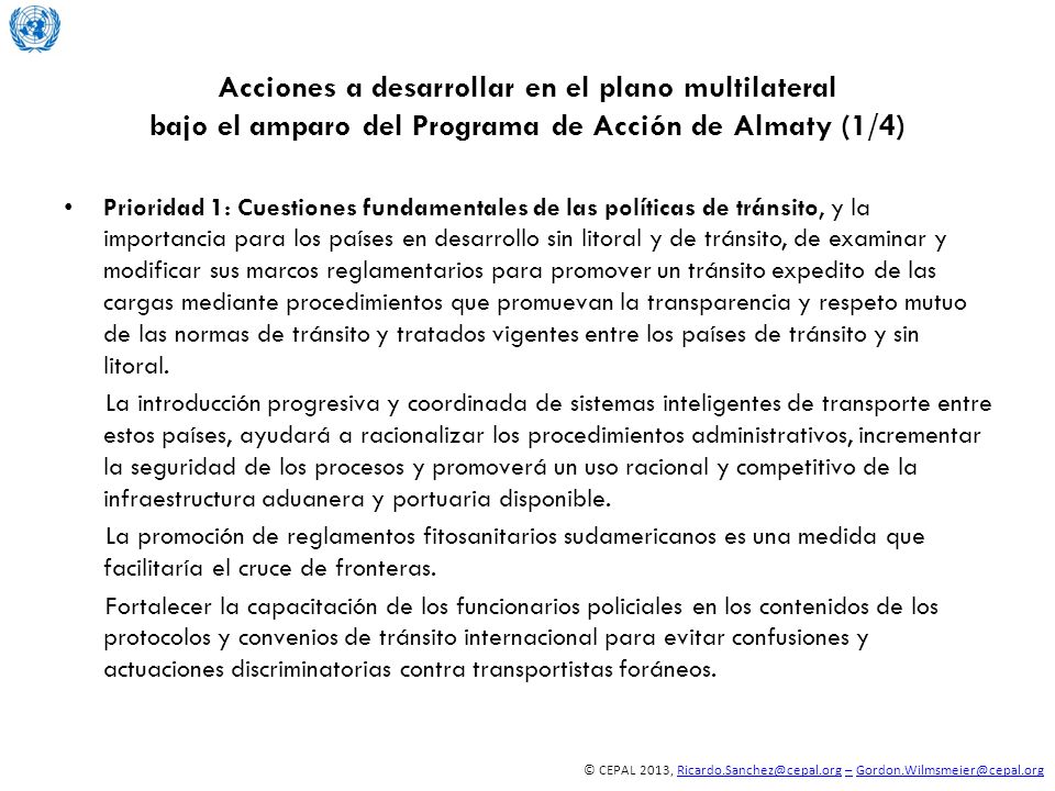 Acciones a desarrollar en el plano multilateral bajo el amparo del Programa de Acción de Almaty (1/4)