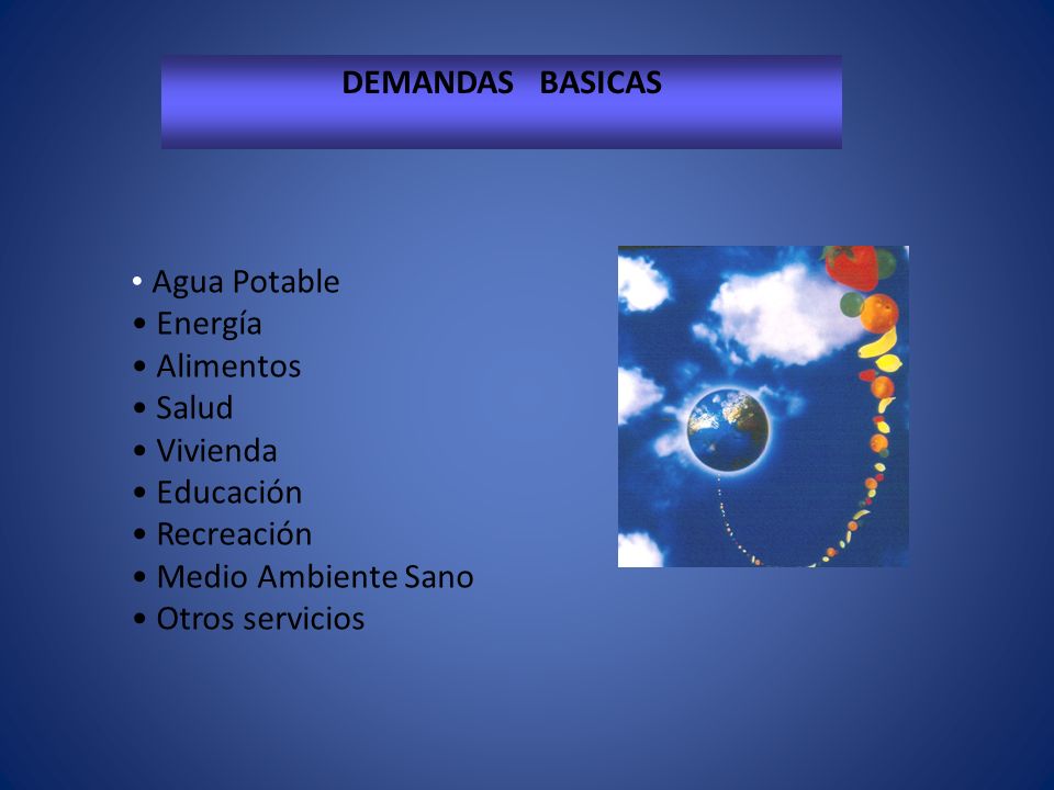 DEMANDAS BASICAS Agua Potable. Energía. Alimentos. Salud. Vivienda. Educación. Recreación. Medio Ambiente Sano.