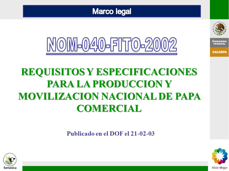 Marco legal NOM-040-FITO REQUISITOS Y ESPECIFICACIONES PARA LA PRODUCCION Y MOVILIZACION NACIONAL DE PAPA COMERCIAL.