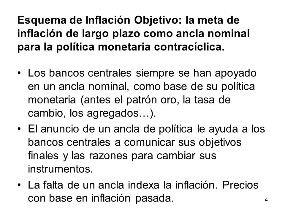 Esquema de Inflación Objetivo: la meta de inflación de largo plazo como ancla nominal para la política monetaria contracíclica.