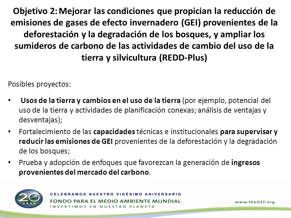 Objetivo 2: Mejorar las condiciones que propician la reducción de emisiones de gases de efecto invernadero (GEI) provenientes de la deforestación y la degradación de los bosques, y ampliar los sumideros de carbono de las actividades de cambio del uso de la tierra y silvicultura (REDD-Plus)