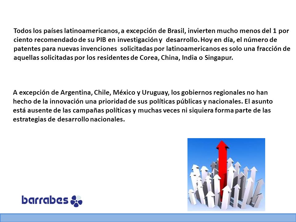 Todos los países latinoamericanos, a excepción de Brasil, invierten mucho menos del 1 por ciento recomendado de su PIB en investigación y desarrollo. Hoy en día, el número de patentes para nuevas invenciones solicitadas por latinoamericanos es solo una fracción de aquellas solicitadas por los residentes de Corea, China, India o Singapur.