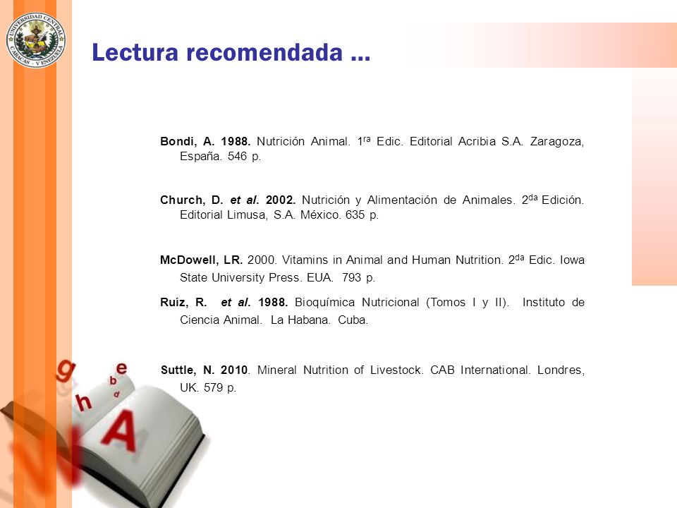 Lectura recomendada … Bondi, A Nutrición Animal. 1ra Edic. Editorial Acribia S.A. Zaragoza, España. 546 p.