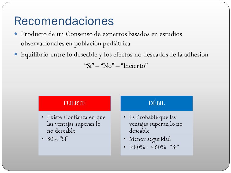 Recomendaciones Producto de un Consenso de expertos basados en estudios observacionales en población pediátrica.