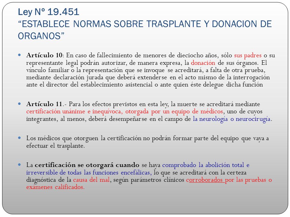 Ley Nº ESTABLECE NORMAS SOBRE TRASPLANTE Y DONACION DE ORGANOS