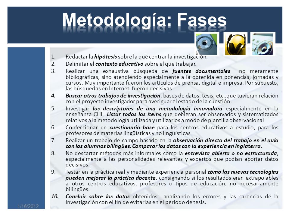 Metodología: Fases Redactar la hipótesis sobre la qué centrar la investigación. Delimitar el contexto educativo sobre el que trabajar.