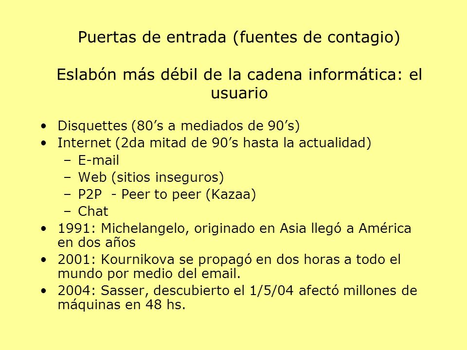Puertas de entrada (fuentes de contagio) Eslabón más débil de la cadena informática: el usuario