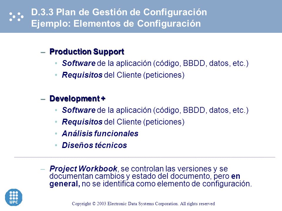D.3.3 Plan de Gestión de Configuración Ejemplo: Elementos de Configuración