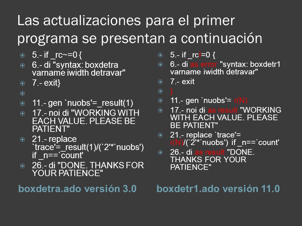 Las actualizaciones para el primer programa se presentan a continuación