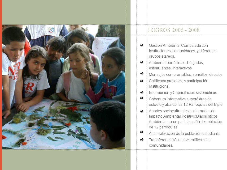 LOGROS Gestión Ambiental Compartida con Instituciones, comunidades, y diferentes grupos étareos.