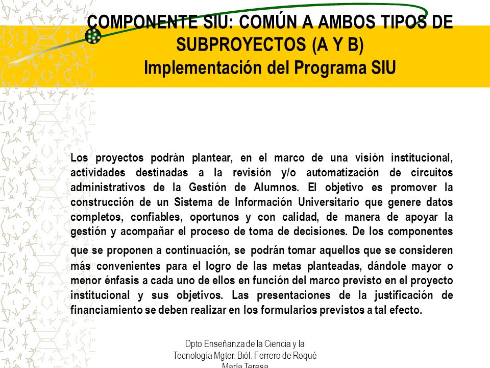 COMPONENTE SIU: COMÚN A AMBOS TIPOS DE SUBPROYECTOS (A Y B) Implementación del Programa SIU