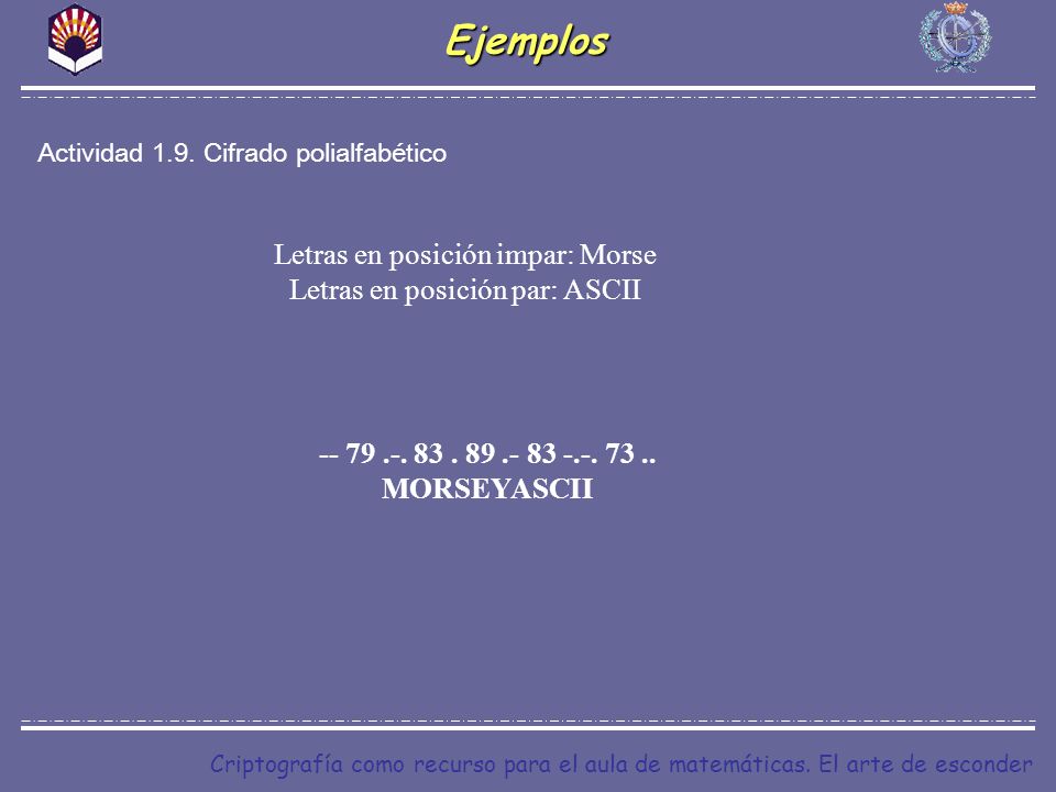 Ejemplos Letras en posición impar: Morse Letras en posición par: ASCII
