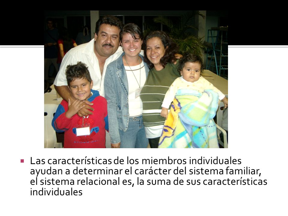 Las características de los miembros individuales ayudan a determinar el carácter del sistema familiar, el sistema relacional es, la suma de sus características individuales