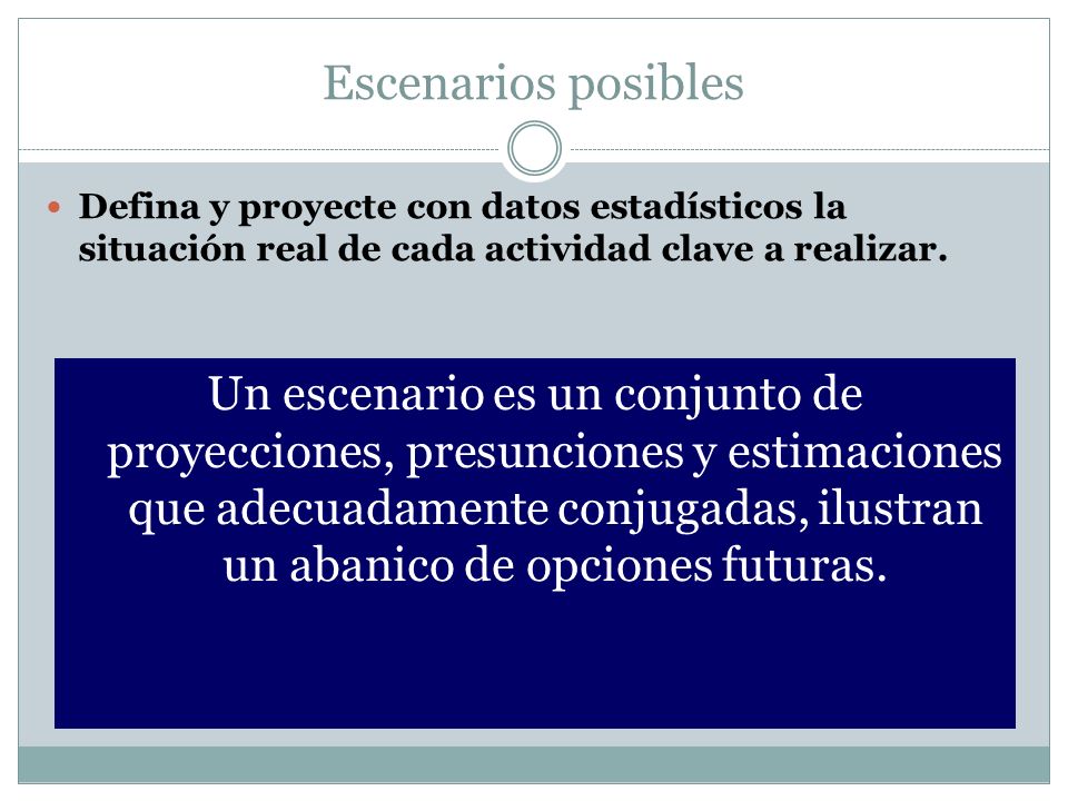 Escenarios posibles Defina y proyecte con datos estadísticos la situación real de cada actividad clave a realizar.