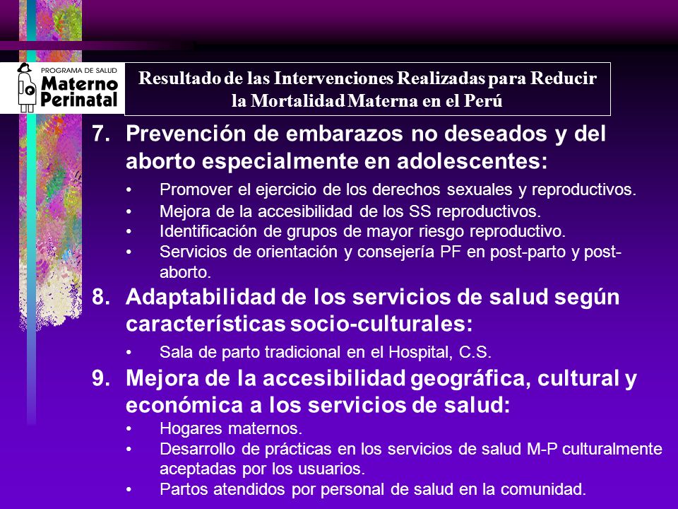 Resultado de las Intervenciones Realizadas para Reducir la Mortalidad Materna en el Perú