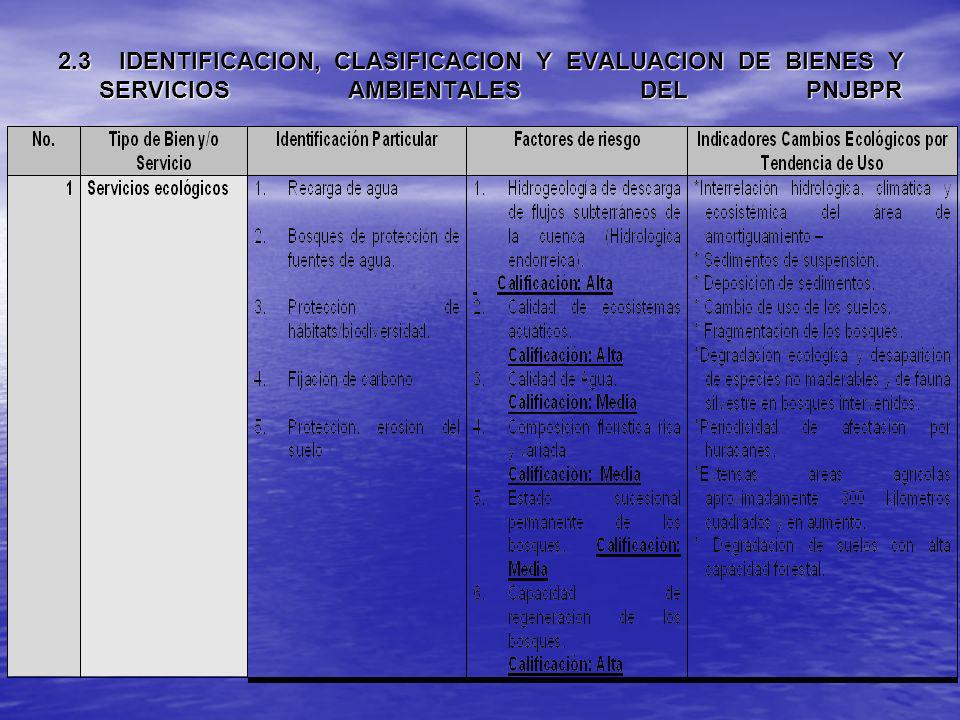 2.3 IDENTIFICACION, CLASIFICACION Y EVALUACION DE BIENES Y SERVICIOS AMBIENTALES DEL PNJBPR